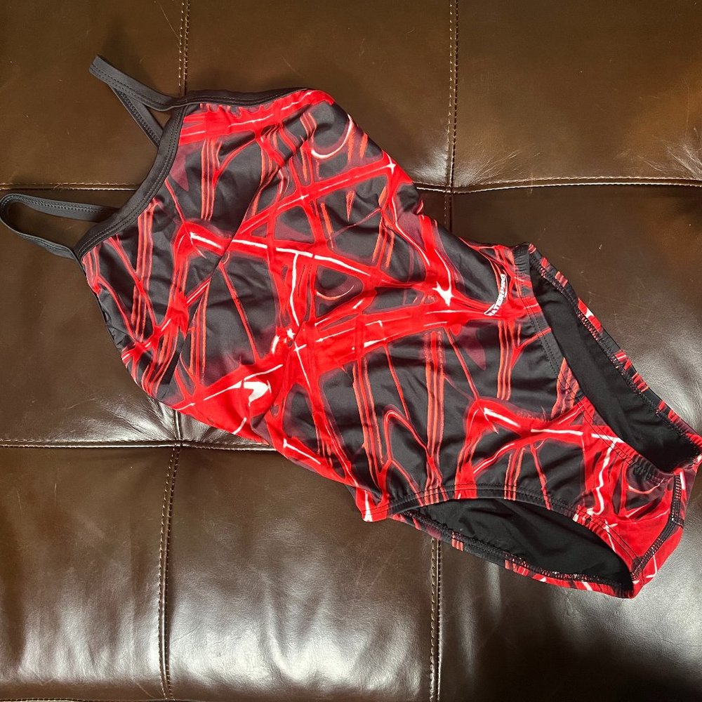 Waterpro One Piece Thin Strap Swimsuit Size 28 Black with Red and White Lines